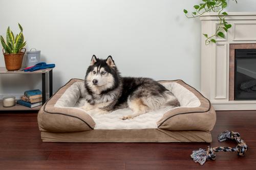 Show full view: FurHaven Velvet Waves Perfect Comfort Memory Foam Bolster Cat & Dog Bed with Removable Cover, Brownstone, Jumbo slide 1 of 10