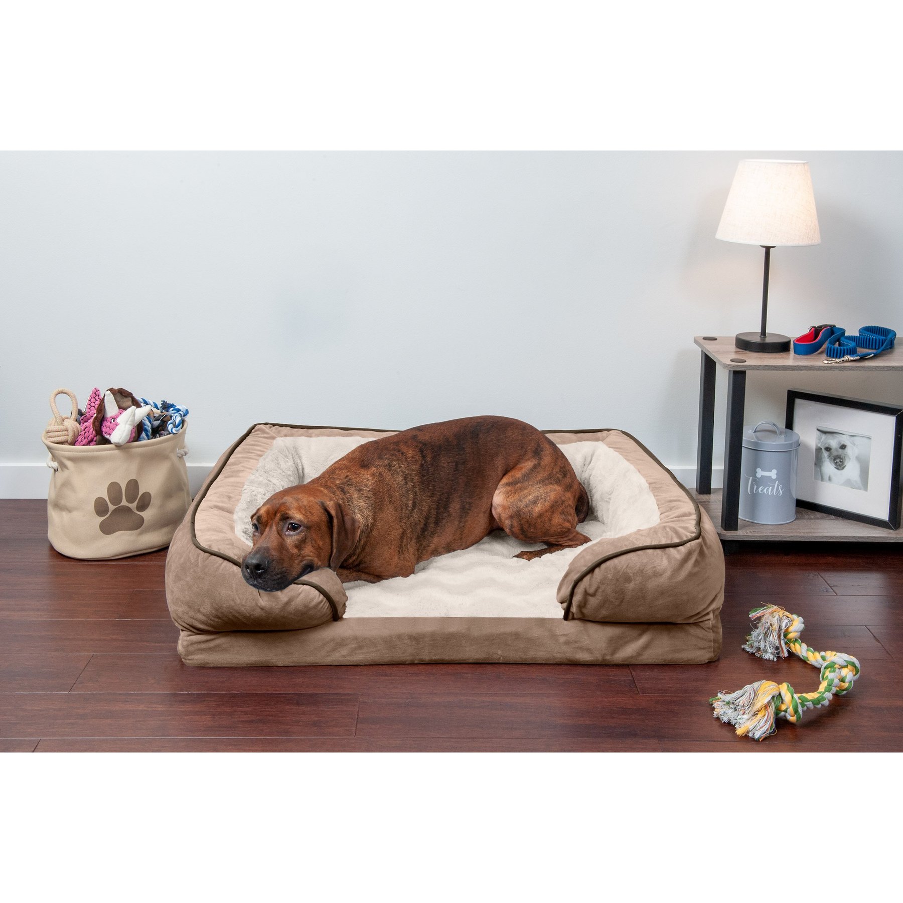 FurHaven FurHaven Velvet Waves Perfect Comfort Memory Foam Bolster Cat & Dog Bed with Removable Cover, Brownstone, Large