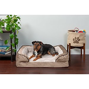 FurHaven Velvet Waves Perfect Comfort Memory Foam Bolster Cat & Dog Bed with Removable Cover, Brownstone, Medium