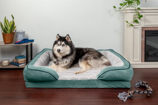 Show full view: FurHaven Velvet Waves Perfect Comfort Memory Foam Bolster Cat & Dog Bed with Removable Cover, Celadon Green, Jumbo slide 1 of 10