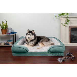 FurHaven Velvet Waves Perfect Comfort Memory Foam Bolster Cat & Dog Bed with Removable Cover, Celadon Green, Jumbo