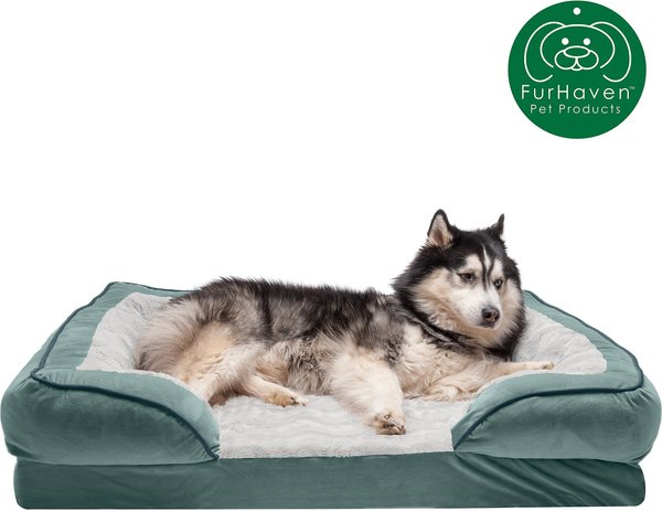 Show full view: FurHaven Velvet Waves Perfect Comfort Memory Foam Bolster Cat & Dog Bed with Removable Cover, Celadon Green, Jumbo slide 4 of 10