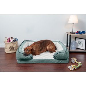FurHaven Velvet Waves Perfect Comfort Memory Foam Bolster Cat & Dog Bed with Removable Cover, Celadon Green, Large