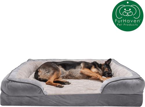 Show full view: FurHaven Velvet Waves Perfect Comfort Memory Foam Bolster Cat & Dog Bed with Removable Cover, Granite Gray, Jumbo Plus slide 5 of 11