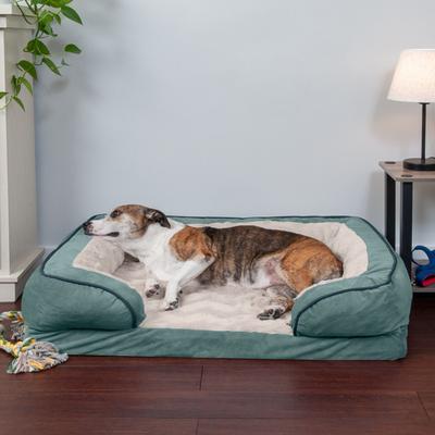 Show full view: FurHaven Velvet Waves Perfect Comfort Orthopedic Sofa Cat & Dog Bed with Removable Cover, Celadon Green, Large slide 1 of 10
