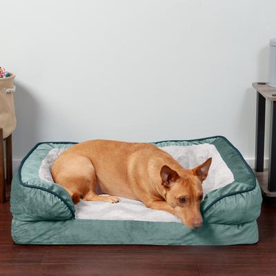Show full view: FurHaven Velvet Waves Perfect Comfort Orthopedic Sofa Cat & Dog Bed with Removable Cover, Celadon Green, Medium slide 1 of 10