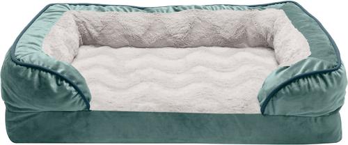Show full view: FurHaven Velvet Waves Perfect Comfort Orthopedic Sofa Cat & Dog Bed with Removable Cover, Celadon Green, Medium slide 3 of 10