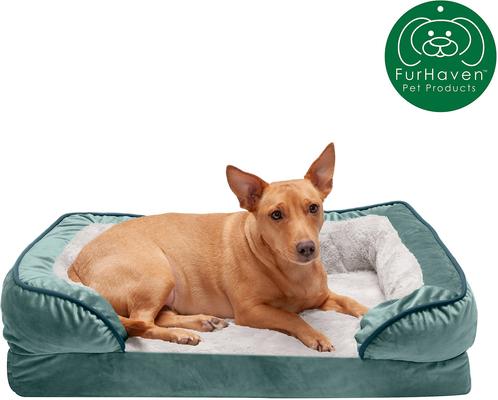 Show full view: FurHaven Velvet Waves Perfect Comfort Orthopedic Sofa Cat & Dog Bed with Removable Cover, Celadon Green, Medium slide 4 of 10