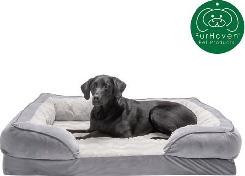 Show full view: FurHaven Velvet Waves Perfect Comfort Orthopedic Sofa Cat & Dog Bed with Removable Cover, Granite Gray, Jumbo slide 5 of 11