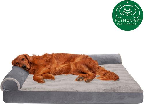 Show full view: FurHaven Wave Fur & Velvet Cooling Gel Deluxe Chaise Dog & Cat Bed, Granite Gray, Jumbo slide 4 of 10