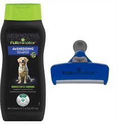 FURminator Long Hair Deshedding Tool, Blue, Large + DeShedding Ultra Premium Shampoo for Dogs, 16-oz bottle