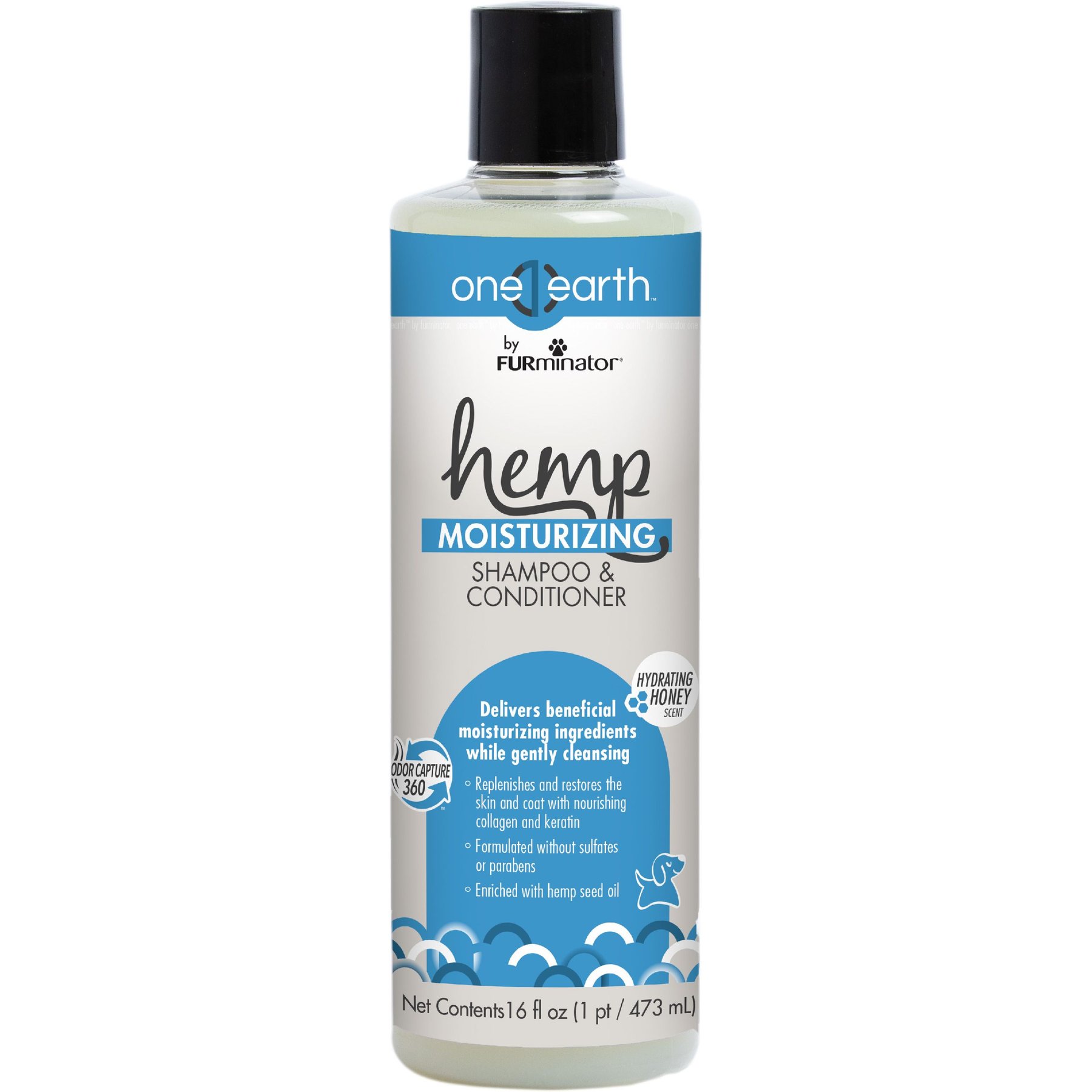 FURminator One Earth Hemp Hydrating Honey Scented 2-in-1 Moisturizing Dog Shampoo & Conditioner, Blue, 16-fl oz bottle
