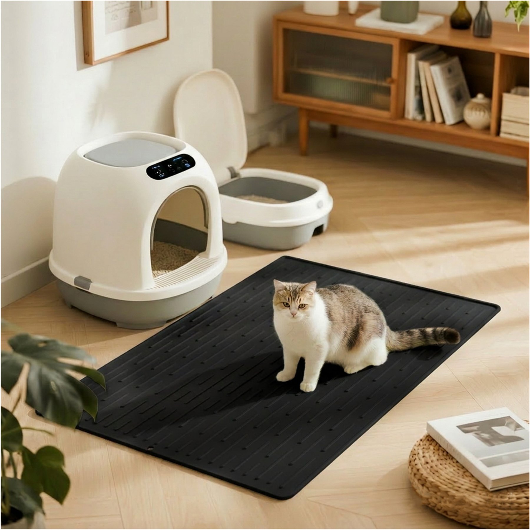 furrybaby Silicone Minimalist Lined Design Cat Litter Mat, 19.7 x 27.6-in, Black