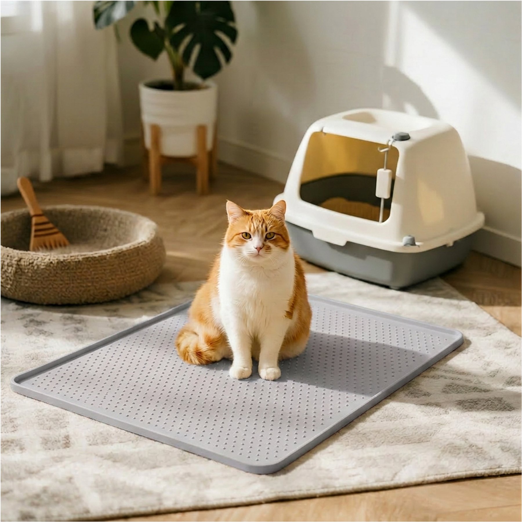 furrybaby Silicone Polka Dot Design Cat Litter Mat, Grey, 37.4 x 25.6-in