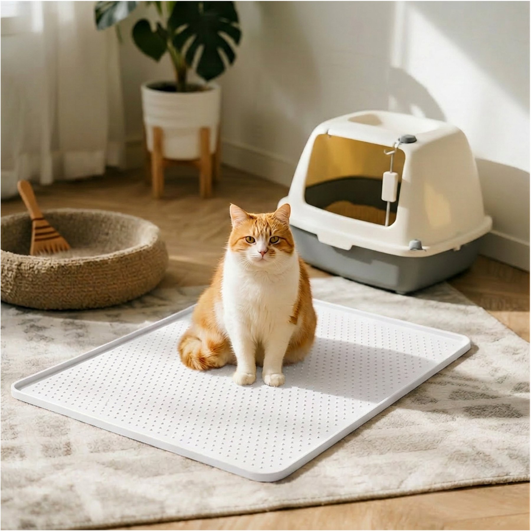 furrybaby Silicone Polka Dot Design Cat Litter Mat, White, 33.5 x 23.6-in