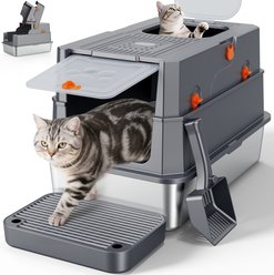 FURTIME Enclosed Stainless Steel Cat Litter Box with Scoop, X-Large, Dark Grey slide 1 of 6
