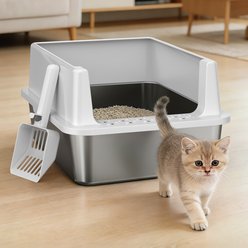 FURTIME Open-Top Stainless Steel Cat Litter Box with Scoop, Small, Silver Grey slide 1 of 8