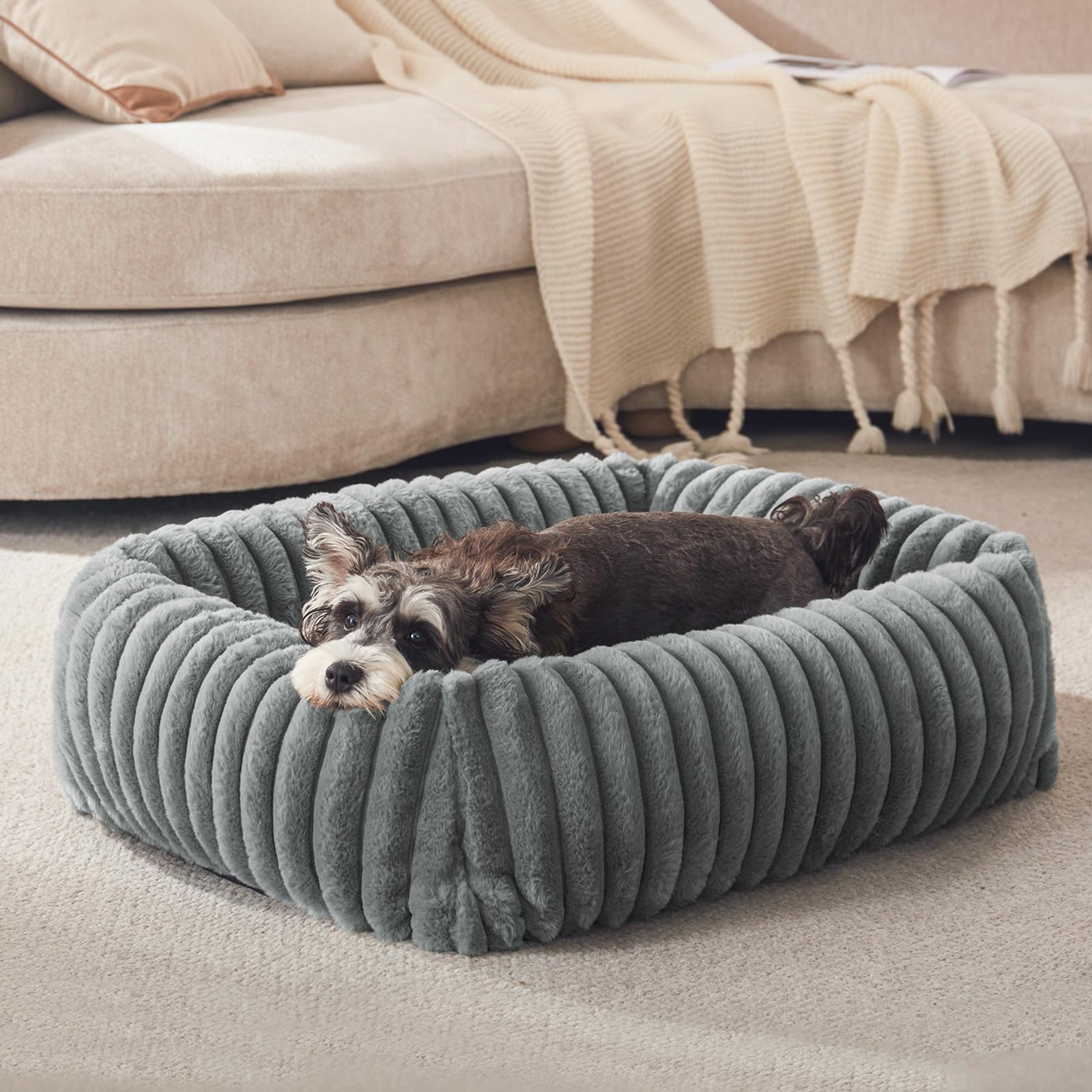 FURTIME Square Raised with Non-Slip Bottom, Removable Cover Bolster Dog Bed, Grey, Small: 20-in