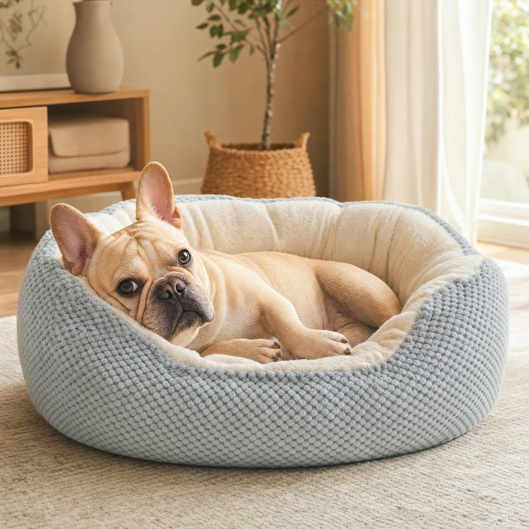 Furvii Essential Pineapple Velvet Calming Orthopedic Donut Cuddler Bolster Dog Bed, Medium, Light Gray