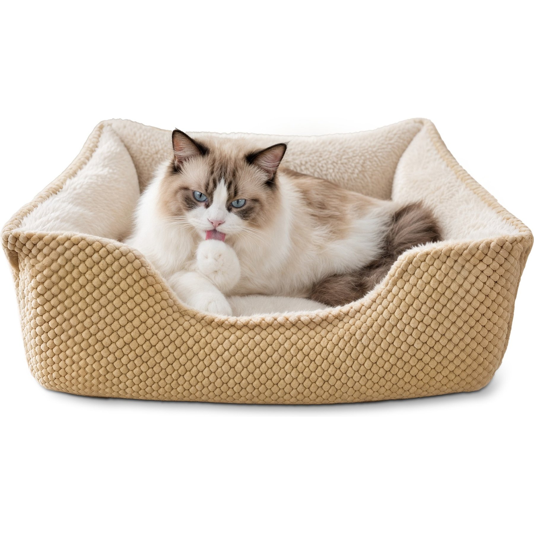 Furvii ESSENTIAL Pineapple Velvet Calming Orthopedic Square Cuddler Dog Bed, Medium, Beige