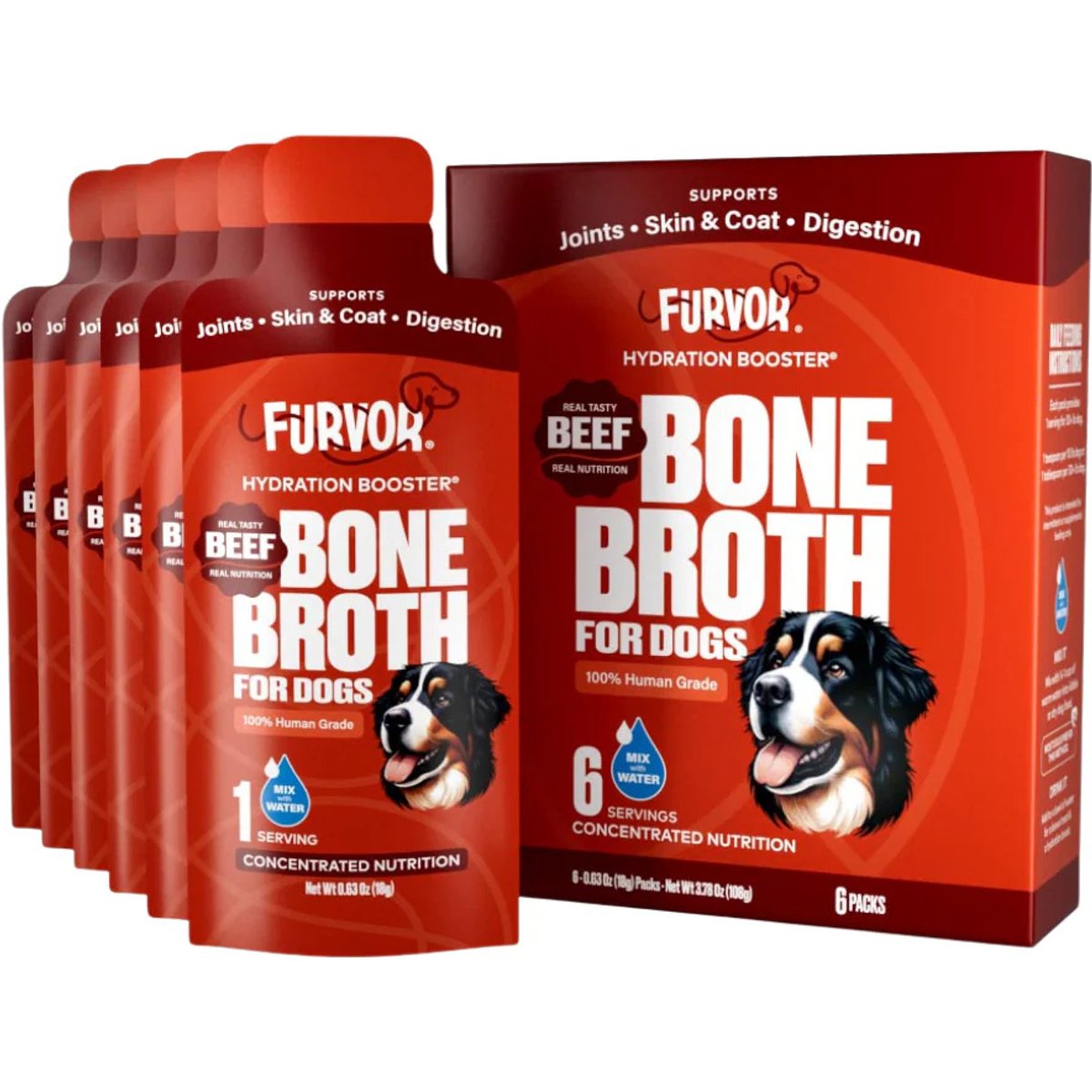 Furvor Beef Concentrated Bone Broth Digestive Health High-Protein Liquid Dog Food Topper, 0.64-oz pouch, 18 count