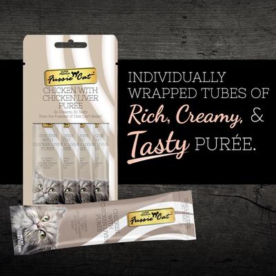 Show full view: Fussie Cat Chicken & Liver Puree Lickable Cat Treats, 2-oz pouch slide 3 of 8