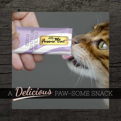 Show full view: Fussie Cat Chicken with Duck Puree Lickable Cat Treats, 0.5-oz pouch, pack of 4 slide 6 of 8