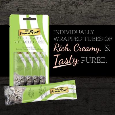 Show full view: Fussie Cat Chicken with Vegetables Puree Lickable Cat Treats, 0.5-oz pouch, pack of 4 slide 3 of 8