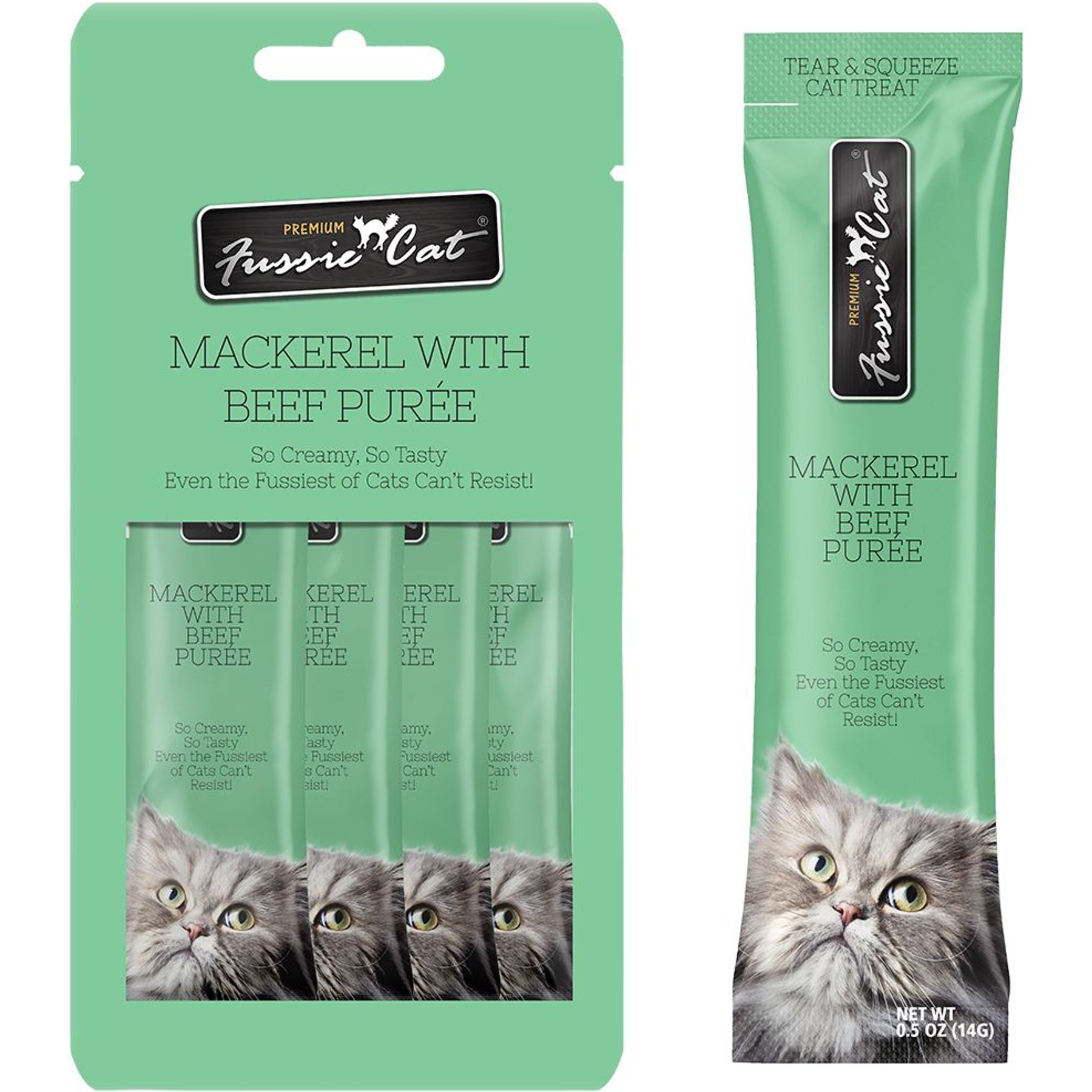 Fussie Cat Mackerel & Beef Puree Lickable Cat Treats, 2-oz pouch