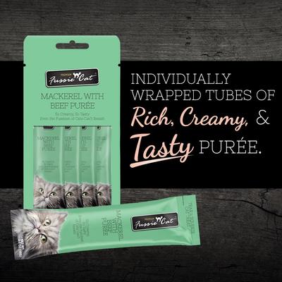 Show full view: Fussie Cat Mackerel & Beef Puree Lickable Cat Treats, 2-oz pouch slide 3 of 7