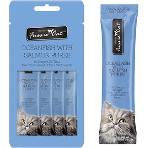 Fussie Cat Ocean Fish & Salmon Puree Lickable Cat Treats, 2-oz pouch