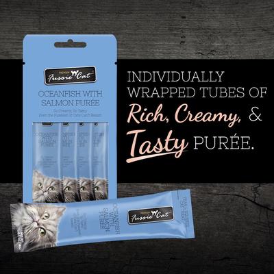 Show full view: Fussie Cat Ocean Fish & Salmon Puree Lickable Cat Treats, 2-oz pouch slide 3 of 7