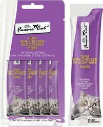 Fussie Cat Premium Tuna with Chicken in Goat Milk Puree Lickable Cat Treats, 2-oz pouch, case of 4