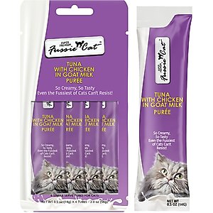 Fussie Cat Premium Tuna with Chicken in Goat Milk Puree Lickable Cat Treats, 2-oz pouch, case of 4