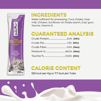 Show full view: Fussie Cat Premium Tuna with Chicken in Goat Milk Puree Lickable Cat Treats, 2-oz pouch, case of 4 slide 6 of 8