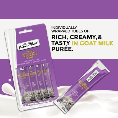 Show full view: Fussie Cat Premium Tuna with Chicken in Goat Milk Puree Lickable Cat Treats, 2-oz pouch, case of 4 slide 3 of 8