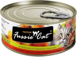 Fussie Cat Premium Tuna with Chicken Liver Formula in Aspic Grain-Free Canned Cat Food, 2.8-oz, case of 24