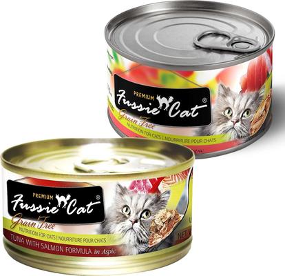 Show full view: Fussie Cat Premium Tuna with Salmon Formula in Aspic Grain-Free Canned Cat Food, 2.82-oz, case of 24 + Fussie Cat Premium Tuna with Chicken Formula in Aspic Grain-Free Canned Cat Food, 2.82-oz, case of 24 slide 1 of 6