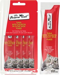 Fussie Cat Premium Tuna with Salmon in Goat Milk Puree Lickable Cat Treats, 2-oz pouch, case of 4