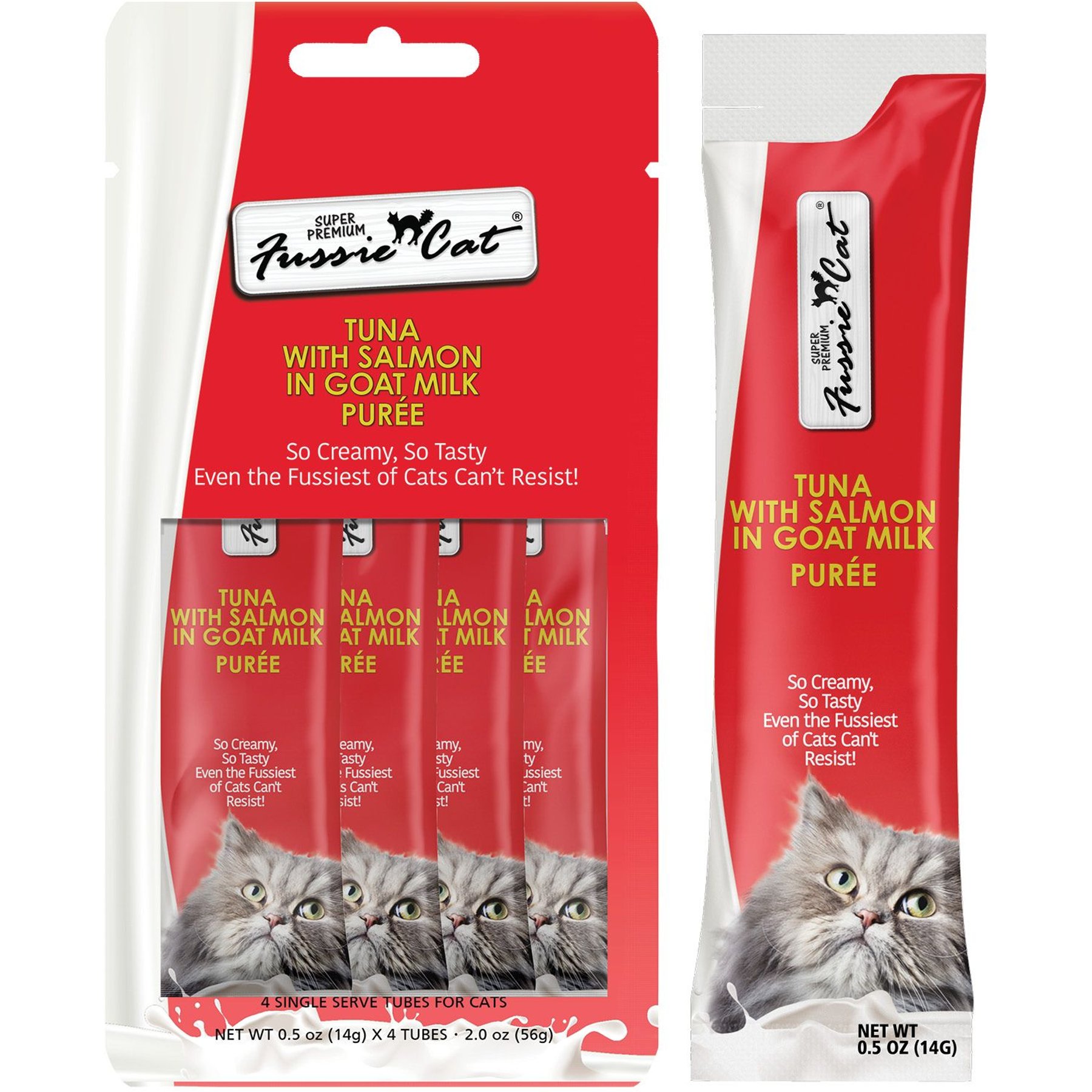 Fussie Cat Premium Tuna with Salmon in Goat Milk Puree Lickable Cat Treats, 2-oz pouch, case of 4