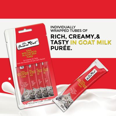 Show full view: Fussie Cat Premium Tuna with Salmon in Goat Milk Puree Lickable Cat Treats, 2-oz pouch, case of 4 slide 3 of 7