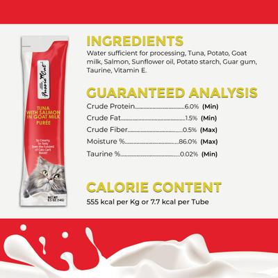 Show full view: Fussie Cat Premium Tuna with Salmon in Goat Milk Puree Lickable Cat Treats, 2-oz pouch, case of 4 slide 6 of 7