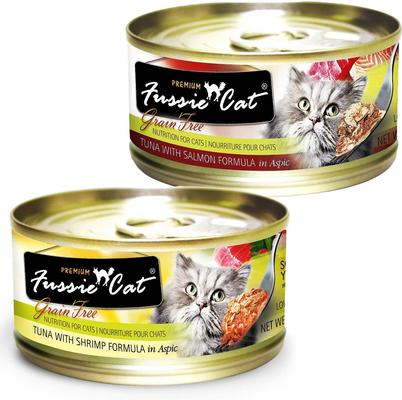 Show full view: Fussie Cat Premium Tuna with Shrimp Formula in Aspic Grain-Free Canned Cat Food, 2.82-oz, case of 24 + Fussie Cat Premium Tuna with Salmon Formula in Aspic Grain-Free Canned Cat Food, 2.82-oz, case of 24 slide 1 of 5