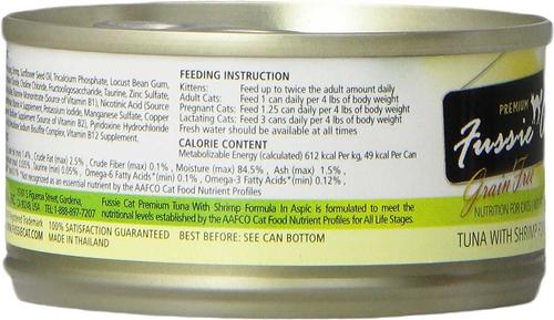 Show full view: Fussie Cat Premium Tuna with Shrimp Formula in Aspic Grain-Free Canned Cat Food, 2.82-oz, case of 24 + Fussie Cat Premium Tuna with Salmon Formula in Aspic Grain-Free Canned Cat Food, 2.82-oz, case of 24 slide 3 of 5