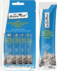 Fussie Cat Premium Tuna with Small Anchovies in Goat Milk Puree Lickable Cat Treats, 2-oz pouch, case of 4