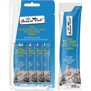 Fussie Cat Premium Tuna with Small Anchovies in Goat Milk Puree Lickable Cat Treats, 2-oz pouch, case of 4