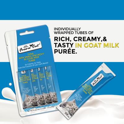 Show full view: Fussie Cat Premium Tuna with Small Anchovies in Goat Milk Puree Lickable Cat Treats, 2-oz pouch, case of 4 slide 3 of 7