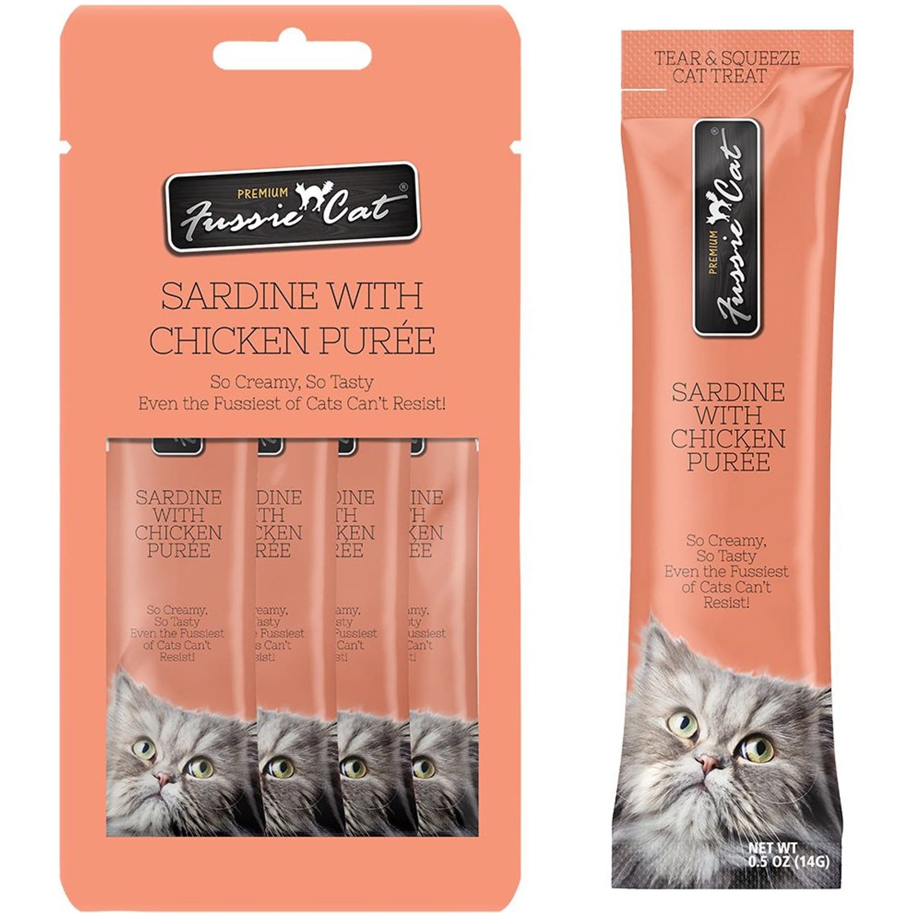 Fussie Cat Sardine & Chickn Puree Lickable Cat Treats, 2-oz pouch