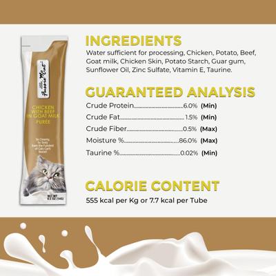 Show full view: Fussie Cat Super Premium Chicken with Beef in Goat Milk Puree Lickable Cat Treats, 2-oz pouch, case of 4 slide 6 of 7