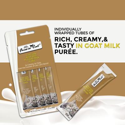 Show full view: Fussie Cat Super Premium Chicken with Beef in Goat Milk Puree Lickable Cat Treats, 2-oz pouch, case of 4 slide 3 of 7